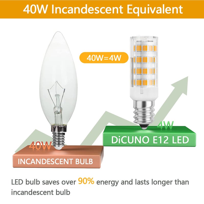 DiCUNO مصباح LED E12 من DiCUNO 4W (ما يعادل 40W)، ضوء أبيض دافئ 3000K غير قابل للتعتيم، مصابيح قاعدة شمعة للإضاءة الداخلية، مروحة السقف، الثريا، 6 عبوات - Image 3